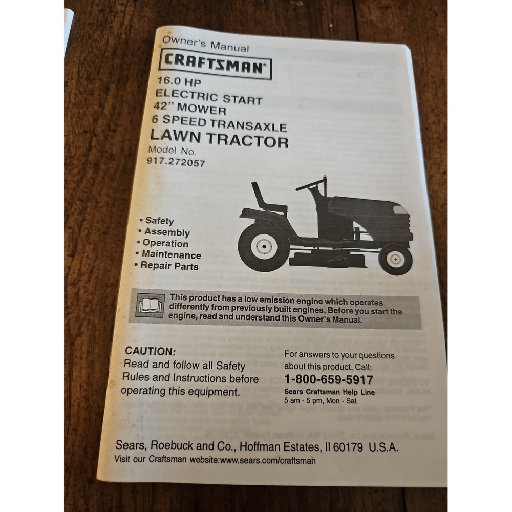 Owner's Manual Sears Craftsman 16.0 HP Lawn Tractor 42" Mower - Model 917.272057